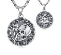 ROMANTICWORK Memento Mori Necklace for Men 925 Sterling Silver Tree of Life Necklace Carpe Diem Ankh Pendant Gothic Skull Amulet Jewellery Gifts