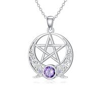 ROMANTICWORK Pentagram Necklace 925 Sterling Silver Triple Moon Goddess Pentacle Pendant Necklace Wiccan Pagan Witch Jewelry with Amethyst Gifts for Women Girls
