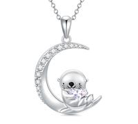 ROMANTICWORK Sea Otter Necklace for Women 925 Sterling Silver June Birthstone Otter Pendant Moon Otter Animal Jewellery Gifts for Otter Lovers