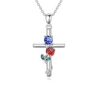 ROMANTICWORK September Birthstone Cross Necklace 925 Sterling Silver Rose with Butterfly Birthstone Cross Pendant Necklace Jewellery Gifts for Women Birthday Christmas