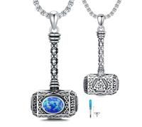 ROMANTICWORK Thors Hammer Necklace 925 Sterling Silver Blue Opal Pendant Mjolnir Urn Necklaces for Ashes Viking Cremation Jewellery for Men Women Unisex