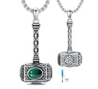 ROMANTICWORK Thors Hammer Necklace 925 Sterling Silver Malachite Pendant Mjolnir Urn Necklaces for Ashes Viking Cremation Jewellery for Men Women Unisex