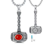 ROMANTICWORK Thors Hammer Necklace 925 Sterling Silver Red Agate Pendant Mjolnir Urn Necklaces for Ashes Viking Cremation Jewellery for Men Women Unisex