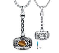 ROMANTICWORK Thors Hammer Necklace 925 Sterling Silver Tigers Eye Mjolnir Necklace for Ashes Viking Cremation Jewellery for Men Women