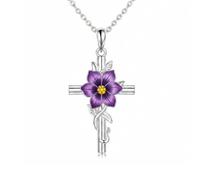 ROMANTICWORK Violet Necklace 925 Sterling Silver Cross Violet Pendant February Birth Flower Jewelry for Women Christmas Birthday