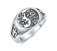 ROMANTICWORK Wolf Ring 925 Sterling Silver Yin Yang Ring Witcher Medallion Cross Rings for Men Viking Wolf Jewellery Christmas Birthday Gifts Unisex_Size 12