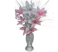Romany Pink & Silver Glitter Flower Vase Ornament | 65x35x20cm Crushed Diamond Mosaic Vase with Artificial Silk Bloomers | Handmade Bling Home Decoration Gift for Wedding, Living Room, Office