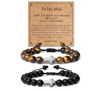 Romass 2Pcs Cross Bracelet for Men,Tiger Eye Beaded Bracelets 8MM Natural Stone Adjustable Jewelry Christian Easter Christmas Gifts Box, M, Stone, no gemstone