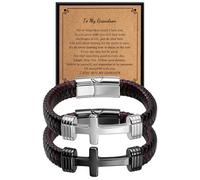 Romass 2Pcs Cross Bracelet Gifts for Men, Leather Bracelets for Men Stainless Steel Black Silver Gold Jewelry,Gifts for Son Grandson Husband Boyfriend Brother Always Linked Together, 9", Stone, no