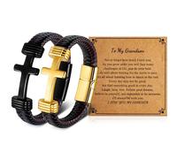 Romass 2Pcs Cross Bracelet Gifts for Men, Leather Bracelets for Men Stainless Steel Black Silver Gold Jewelry,Gifts for Son Grandson Husband Boyfriend Brother Always Linked Together, 9", Stone, no