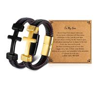 Romass 2Pcs Cross Bracelet Gifts for Men, Leather Bracelets for Men Stainless Steel Black Silver Gold Jewelry,Gifts for Son Grandson Husband Boyfriend Brother Always Linked Together, 8.5 inches, Stone