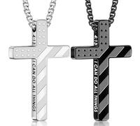 Romass 2Pcs Cross Necklace for Men,Silver Black Bible Verse Stainless Steel American Flag Pendant Chain Gifts Jewelry Box, 22+2 inches, Stainless Steel, No Gemstone