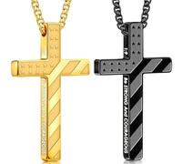 Romass 2Pcs Cross Necklace for Men,Silver Black Bible Verse Stainless Steel American Flag Pendant Chain Gifts Jewelry Box, M, Stainless Steel, No Gemstone