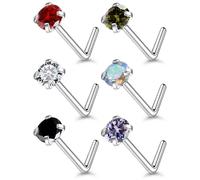 ROMAXO 6PCS 20g L Shape Multicolour Stainless Steel Nose Stud clear jewel cubic zirconia nose studs Tragus Earring Bars Set Unisex Women Men 1.8mm Clear stone