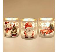 Romcanmy Christmas Candle Holder Set of 3, White Red Gold Tea Light Candle Holders with Christmas Tree Snowman Santa Claus Pattern, Glass Tealight Holders for Party Winter Fireplace Table Decoration