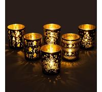 Romcanmy Christmas Candle Holder, Set of 6 Black Gold Tea Light Candle Holders for Table Centrepiece, Small Glass Tealight Holders for Xmas Decorations (Snowflake/Tree/Reindeer/Gingerbread Man)