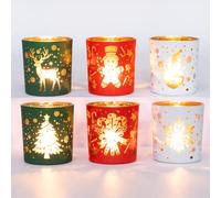 Romcanmy Christmas Candle Holder, Set of 6 Glass Tea Light Candle Holders for Christmas Table Centrepiece, Red Green White Tealight Holders Reindeer Tree Snowflake for Xmas Party Winter Decorations