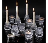 Romcanmy Glass Candlestick Holders, Set of 12 Reversible Clear Taper Candle Holder with Candles Adhesive Wax, Small Ribbed Crystal Tea Light Candle Holders for Weeding Party Dinner Table Centrepiece