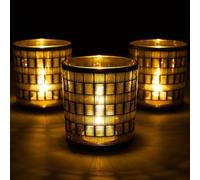 Romcanmy Tea Light Candle Holders Set of 3, Vintage Woven Pattern Glass Candle Holder for Table Centrepiece, Elegance Gold and Black Tealight Holders for Birthday, Anniversary, Christmas, Party, 7×8CM