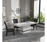 Rome Dining Set - 6 Seater - 160cm - Beige Marble - Cadiz Dining Chairs - Black Leather
