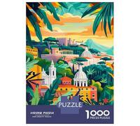Rome Italy Tropical Mediterranean Scenery Minimalist Abstract Art Illustration 1000 Piece Jigsaw Puzzle, Romantic City Break Scene, Thick Cardboard Pieces, Relaxing Challenge for Puzzle Lovers, Adult