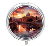 Rome Sunset Travel Pill Box Case 3 Compartment Cute Pill Organizer Metal Pill Holder with Mirror Small Medicine Organizer Daily Pill Container for Purse Pocket Portable Meds Box