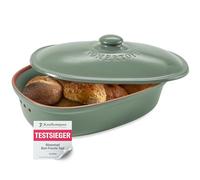 Romertopf Maxi Oval Bread Pot 6.5 Litres - Green Ceramic Bread Bin - Breathable Clay Pot for Long-Lasting Freshness of Bread and Rolls