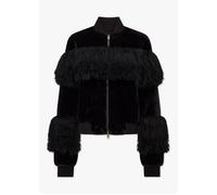 Romi Black Faux Fur Mongolian Lambskin Trim Bomber Jacket - Black Fabric / M