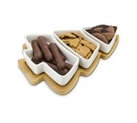 ROMINOX Gift Item Serving Bowls // TRE ARBO Decorative Set in Christmas Tree Shape 3 Ceramic Bowls on Bamboo Board for Displaying Snacks, Cookies or Dips; Approx. 30.5 x 21.5 x 4.5 cm