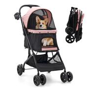 Romiromi Dog Stroller, 4 Wheels Easy-Fold Cat Pet Stroller with Storage Basket & Cup Holder, Easy to Walk Travel Carrier for All-Season, Pink