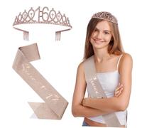 ROMISBABA 16th Birthday Party Headband Sash Set Pink Rose Gold Crown Decorations for Women Birthday Accessory