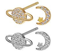 ROMISBABA 2 Pairs Asymmetrical Moon Star Planet Earrings Small Studs for Women and Unique Celestial Design with Shiny Lustrous Finish Birthday and Anniversary