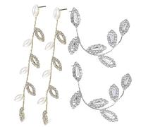 ROMISBABA 2Pairs Long Tassel Earrings for Women Rhinestones and Faux Pearls Leaf Shape Dangle Earrings Elegant Wedding Jewelry for Brides and Special Occasions