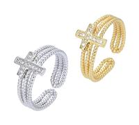ROMISBABA 2pcs Adjustable Open Cross Rings for Women and Teens Sparkling Rhinestone Zirconia Statement Bands in Silver and Gold Comfortable Fit Finger Jewelry