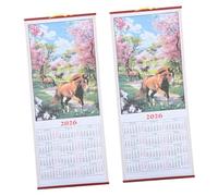 ROMISBABA 2pcs Chinese Lunar Hanging Calendar with Horse Zodiac Scroll Faux Rattan Wall Art for Lunar Year Feng Shui Blessings Home Office Decoration