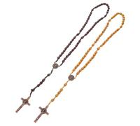 ROMISBABA 2pcs Handmade Wooden Rosary Beaded Necklace with Cross Pendant Rustic Catholic Prayer Beads for Men Women Artisan Craftsmanship Religious Gift Durable Natural Material