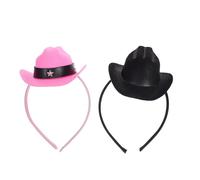 ROMISBABA 2pcs Mini Cowgirl Headband Set - Black Glossy and Pink Leather Miniature Western Costume Hats - Women’s Tiny Top Hat Hair Accessories for Themed Parties, Cosplay, and Festival