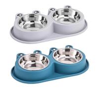 ROMISBABA 2PCS Small Stainless Steel Dog Food Bowls with Raised Non-Slip Frog-Shaped Stand, Spill-Proof Pet Feeding Dishes for Cats and Puppies, Blue and Gray Anti-Ant Water and Food Bowls