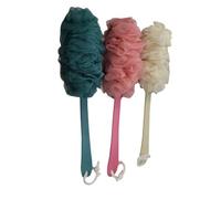 ROMISBABA 3Pc Long Handle Bath Flower Scrubber with Soft Mesh Gauze Exfoliating Body Brush for Shower Bathing Gentle Skin Scrubbing and Dead Skin Removal Includes Beige Pink Blue Handles