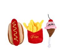ROMISBABA 3pcs Pet Plush Set with Squeaky Sound Realistic Food Design Hot Dog Ice Cream Fries Interactive Chew for Dogs and Cats Soft Stuffed Playthings for Mental Stimulation and Dental