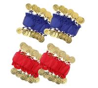 ROMISBABA 4PCS Belly Dance Bell Wristbands Set, Red and Royal Bracelets with Bells, Indian Belly Dancing Accessories for Women and Performance