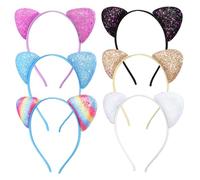 ROMISBABA 6 Pcs Glitter Cat Ears Headbands Lightweight Fabric Shiny Headwear for Halloween Party Cosplay Carnival in Multi Colors White Violet Black Gold Sky Blue Blue