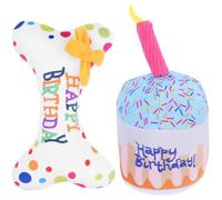 ROMISBABA Cat Birthday Cake Plush Set 2Pcs with Squeaky Sound, Small Embroidered Bone Chew for Kitten Indoor Teasing and Interactive Play, Cat Themed Birthday Party Supplies