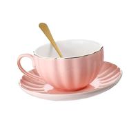 ROMISBABA European Style Ceramic Milk Drinking Cup with Saucer and Spoon Handled Breakfast Tea Mug in Pink Creative Smooth Rim Coffee Cup Trio for Home and Use