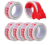 ROMISBABA Fragile Tape Set 6 Rolls with Red Desktop Tape Dispenser English Fragile Warning for Shipping Moving and Handling with Care Secure Parcel Sealing for Office and Warehouse Use
