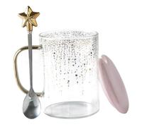 ROMISBABA Glass Star Drinking Cup Set 450ml with Spoon and Lid, Pink Glass Water Cup, Easy to Clean and Store, for Morning Coffee Or Tea