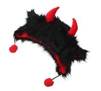 ROMISBABA Halloween Cosplay Hat with Plush Cow Horns, Black Warm Winter Ski Beanie with Ear Protection for Outdoor Party Costume and Skiing
