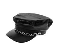 ROMISBABA PU Leather Boat Captain Hat with Iron Chain Flat Top Short Brim Beret for Men and Women Vintage Yacht Sailor Style Navy Cap for Daily Wear Parties and Travel