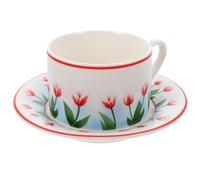 ROMISBABA Vintage Ceramic Coffee Cup Set with Saucer 2pcs Retro Red Rim Tulip Tea and Coffee Mugs Heat-Resistant Handle Cups for Home and Office Use