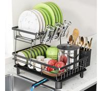 romision 2 Tier Black Large Dish Drainer Drying Rack for Kitchen Sink with Drip Tray, Stainless Steel Metal Anti Rust Wide Plate Bowl Draining Washing Up Holder, Extra Big Spout Drainage